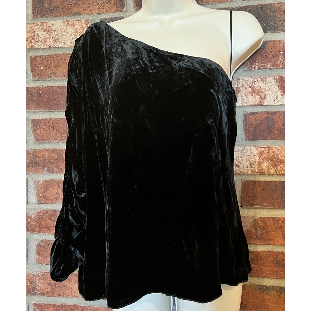 JOIE 'Wayman' One-Shoulder Ruched Sleeve Silk Velvet Blouse Top, 12 - $268